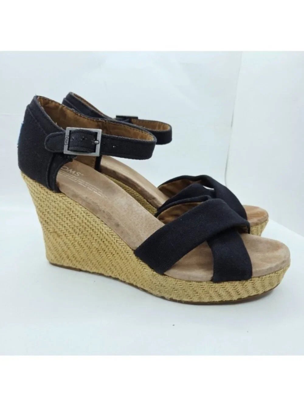 Toms Sienna Black Ankle Strap Espadrille Wedge Sandals Women's Size 9